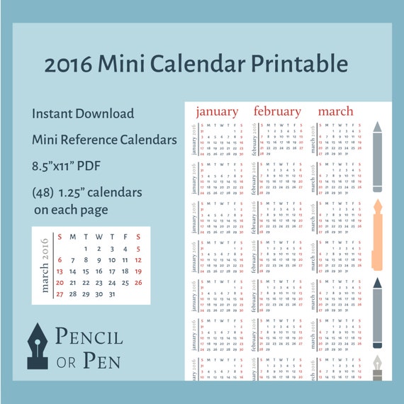 SALE 2016 Mini Monthly Calendars Printable Stickers By