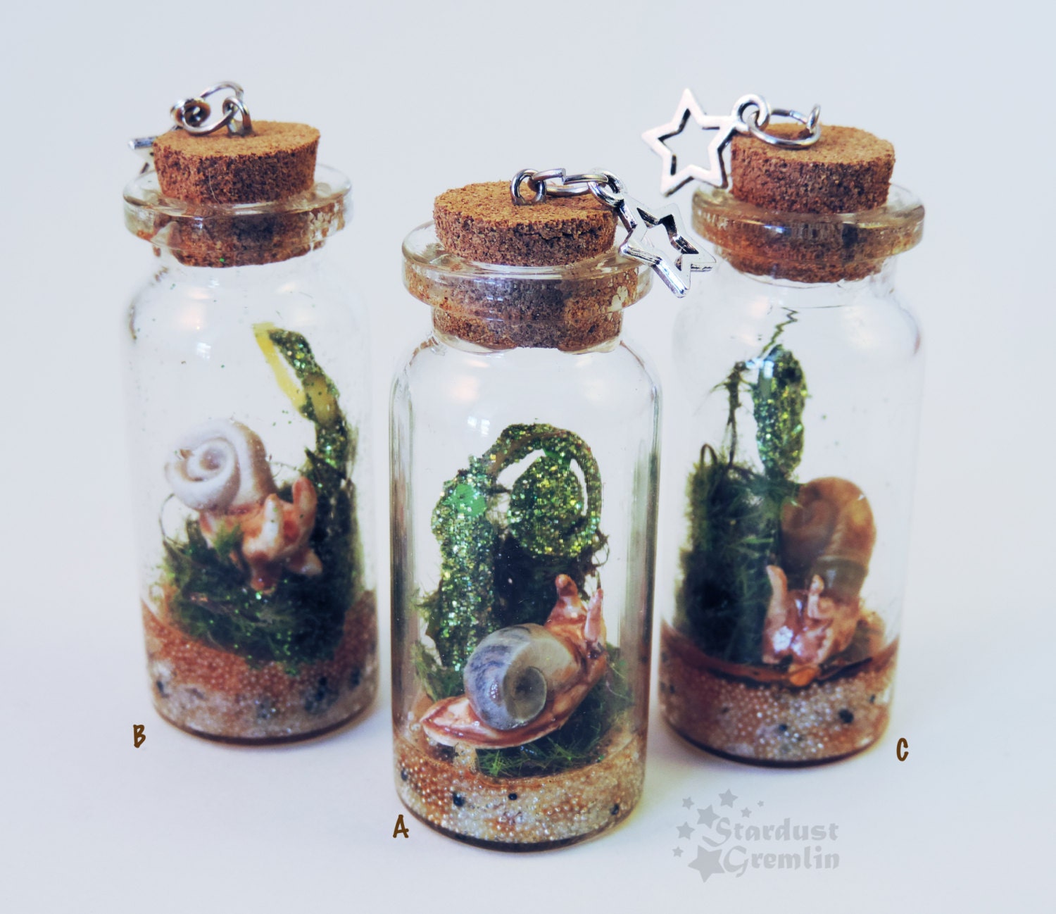 Tiny Polymer Clay Snail with Real Shell in a Glass Bottle