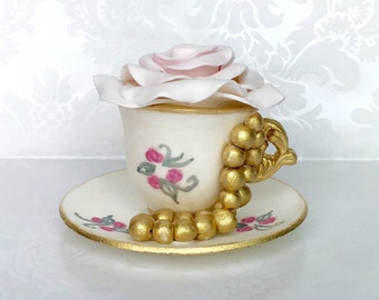 Fondant Teacup and Saucer Cake Topper. Tea party Cake Topper. Hand painted Cake Topper. Fondant Cake Topper. White and Gold Cake Topper.