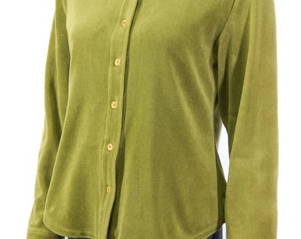 70s 80s Velour Shirt Bust 34-36 Olive Green Long Sleeves Front Button Down with Collar Cotton/Polyester Stretch FIBRES Size Large L Retro