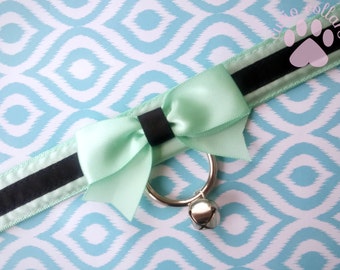 Mint and Black Collar, Kitten Play Collar, Tug Proof Collar, Creepy Cute Collar, BDSM Collar, Ribbon Collar, Submissive Collar, DDLG Collar