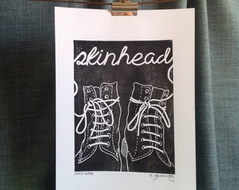 A4, Hand pulled, unique, Skinhead, Contemporary Art, Lino Print, Dr Marten Boots, Laces, Skinbyrd, Skin Girl, signed, mono, minimalist, DMs