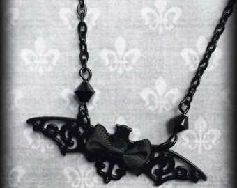 Black Bat Necklace with Bow Tie, Black Gothic Pendant, Filigree Bat, Halloween Necklace, Alternative Jewelry, Gothic Gift, Gothic Jewelry