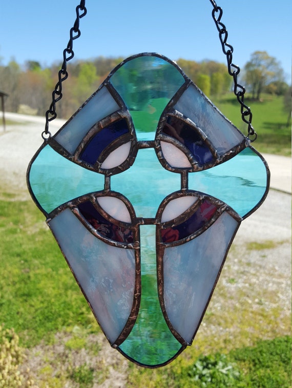 Stained glass Cross suncatcher Christian handmade in aqua blue