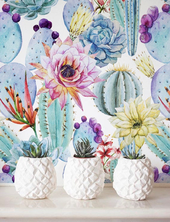 Watercolor Cactus Wallpaper, Removable Wallpaper, Self-adhesive Wallpaper, Floral Wall Décor, Flower Wallcovering - JW019
