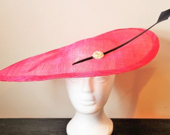 Bright pink fascinator hat with black feather, teardrop fascinator, hot pink fascinator, hot pink hat, wedding hat, wedding fascinator