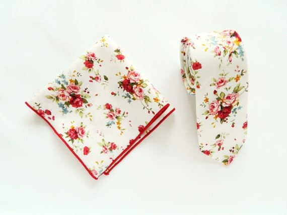 white floral tie and pocket square