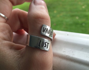Wanderlust Ring - Wrap Ring - Travel Ring - Quote Ring - Yoga Ring - Adventure Ring - Gift for Her - Handstamped Jewelry - Hand Stamped Ring