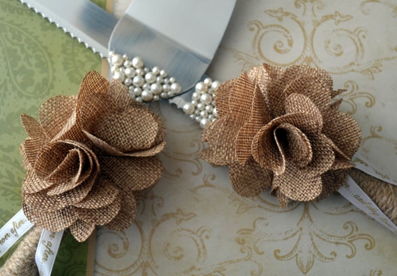 Rustic wedding  cake  server  set  burlap  pearls shabby chic