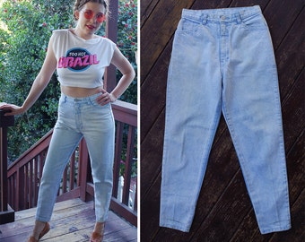 Light BLUE 1980's Vintage High Waist Skinny Jeans with Tapered Zip Ankles + Bows // waist 28 29 Small Medium// by Action WEST