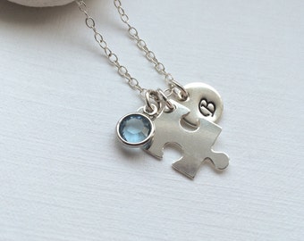 Sterling Silver Personalized Puzzle Piece Necklace - Personalized Initial and Birthstone Silver Necklace, Jigsaw Necklace