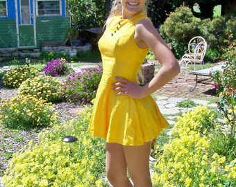 50s mini dress, 50s fit + flare dress, 1950s Skater dress, 50s Yellow dress, MCM dress, Cheer dress, size XS