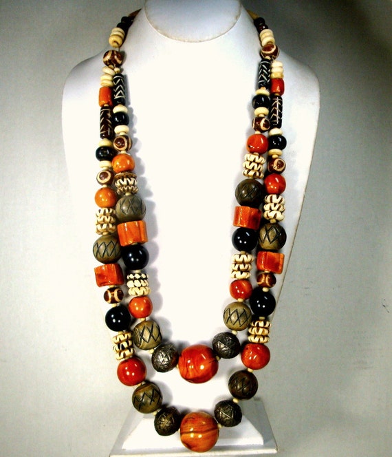 Giant Tribal Bead Necklace 1980s Vintage 2 LONG Strands Of