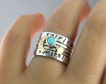 Custom Stack Ring Personalized Rings Turquoise Ring Personalized Name Moon Ring Star Ring Sterling Stack Rings Sterling Silver Ring