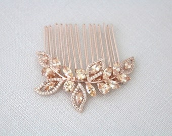 Rose Gold Bridal hair comb, Champagne Crystal hair comb, Rose Gold headpiece, Champagne crystal headpiece, Leaf hair piece, Champagne stone