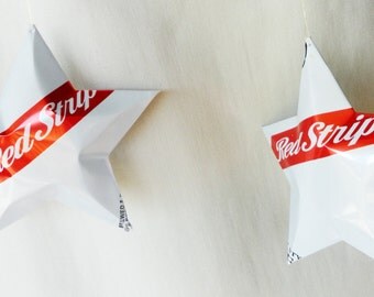 Red Stripe Recycled Beer Can Ornaments, Red White, Jamaican Beer, UK, Lager