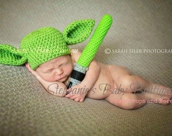 Crochet Baby Yoda Hat and Lightsaber Set, Custom Made, Newborn, 0-3, 3-6 months, Handmade, Photo Prop, Photography Prop, Shower Gift