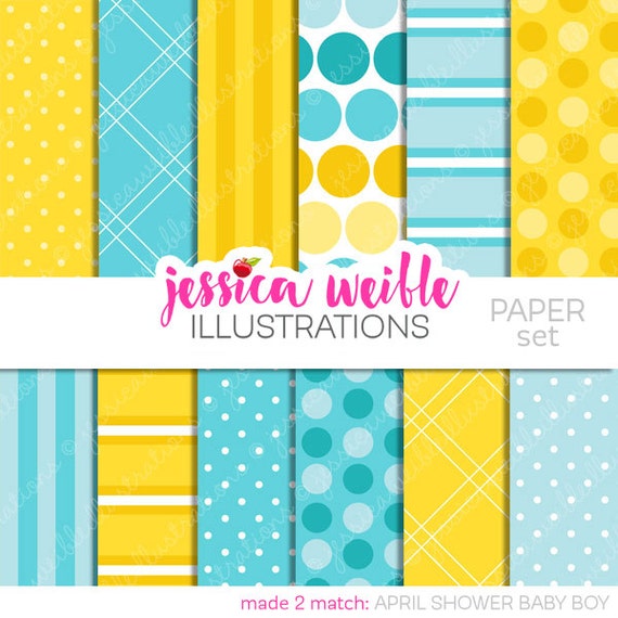 April Shower Baby Boy Cute Digital Papers Backgrounds for Invitations, Card Design, Scrapbooking, and Web Design Il_570xn