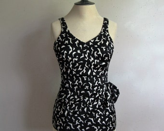 Vintage 1970s Swimsuit CATALINA Black White Abstract 1 pc Bathing Suit 14