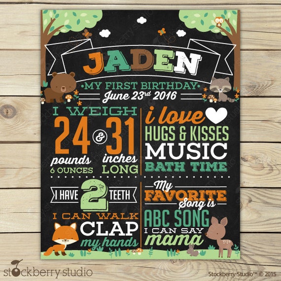 Woodland 1st Birthday Chalkboard Poster Printable Woodland First