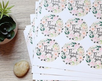 Thank You stickers, Round Cut Sticker for Etsy Sellers, Wedding, Party, Water Resistant Matte Lamination Finish, Vintage Watercolor Wreath