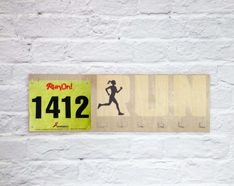 Race Medal Holder-Running Medal Holder and Race Bib Hanger running medal rack race bib and medal holder- Printed on Wood