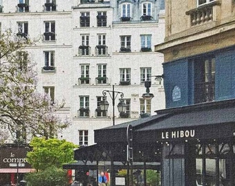 Paris Corner Cafe, Le Hibou in Spring, Color Photo Canvas Effect 11x14