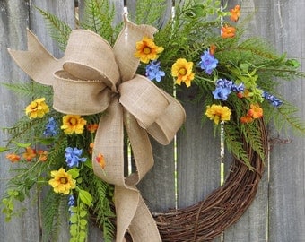 Wildflower Wreath - Spring / Summer Wreath - Everyday Burlap Wreath, Door Wreath, Front Door Wreath