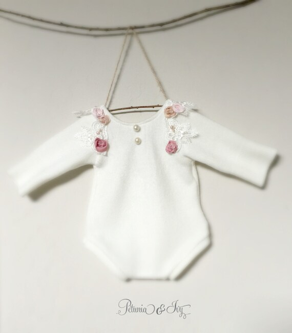 Newborn Long Sleeve Ivory Rosette Romper Onesie by PetuniaandIvy