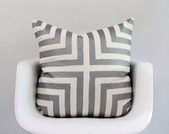 Doha pillow cover in metallic pewter on off-white organic cotton-hemp 24x24