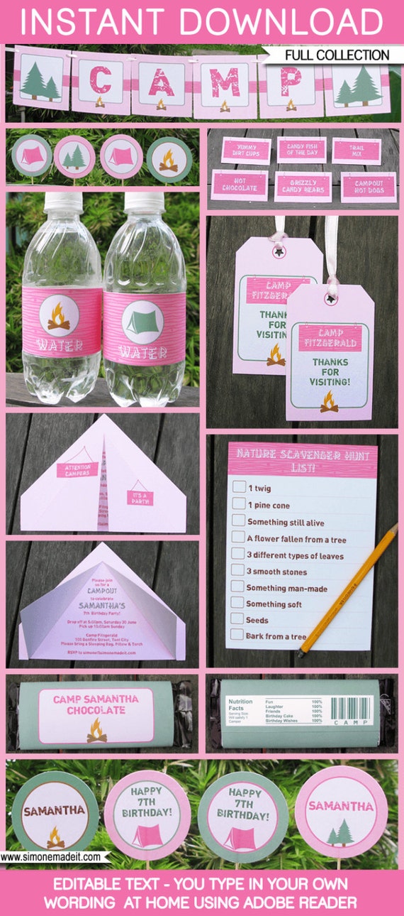 Camping Party Invitations & Decorations - Girl - full Printable Package - INSTANT DOWNLOAD with EDITABLE text - you personalize at home Il_570xn