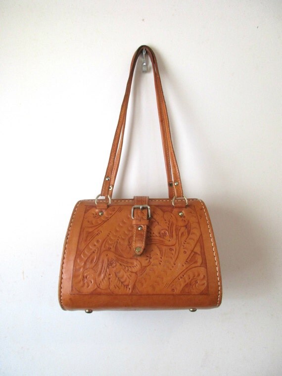 Vintage Mexican Bag Hand Tooled Leather Purse Handbag Mahogany