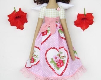 Tilda doll angel fabric doll handmade Guardian Angel cloth doll in rose dress cute stuffed doll rag doll brunette - birthday gift