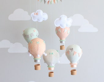 Mint, Peach, Gray, Baby Mobile, Hot Air Balloon Mobile, Custom Mobile, Nursery Decor, Personalized Baby Mobile, Made to Order, i157