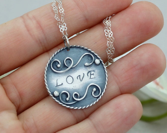 Love Pendant Love Necklace Hand Stamped Jewelry Disk Necklace Gift for Her Anniversary Gift Personalized Gift Personalized Jewelry