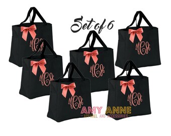 Set of 6 Bridesmaids Tote Bags Monogrammed Personalized Monogram Custom Gift Ideas ~ Sorority ~ Wedding Party ~ Teachers