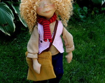 boy cloth art doll felt sculpted waldorf doll, waldorf art doll, natural fiber art doll, blond mohair weft ooak cloth doll folk art doll