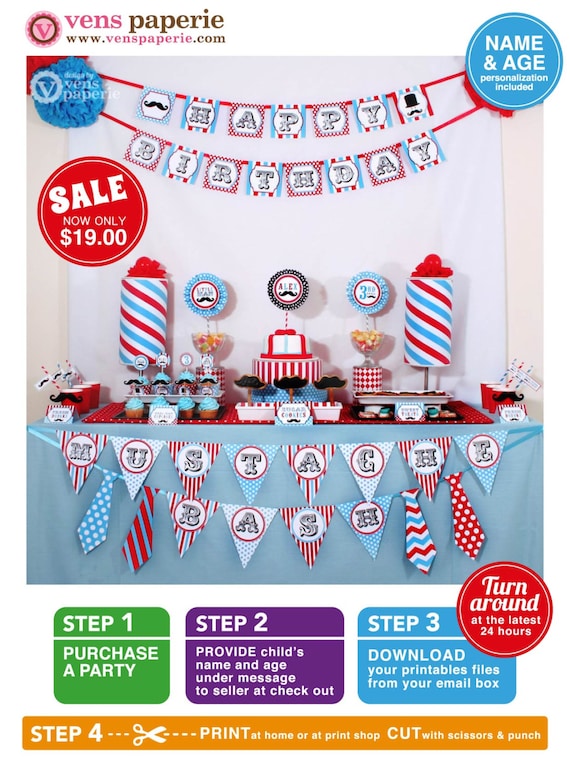 Little Man Mustache Birthday Party Package Personalized FULL Collection Set - PRINTABLE DIY - PS829CA1x Il_570xn