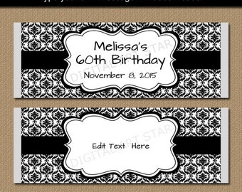 Black and White Candy Wrappers - Large Damask Chocolate Bar Wrappers - Printable EDITABLE Bridal Candy Labels - Birthday Party Favors