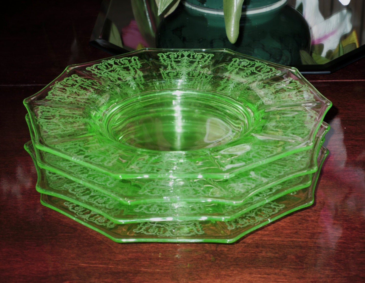 4 CAMBRIDGE PLATES CLEO Etched Depression Glass 8 1930s