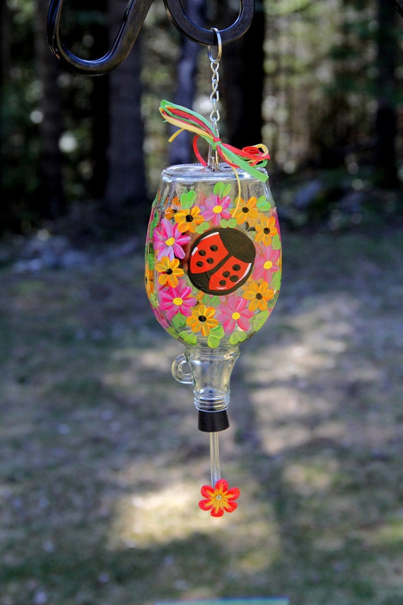 Super Cute Small Handpainted Hummingbird Feeder with Lady Bug