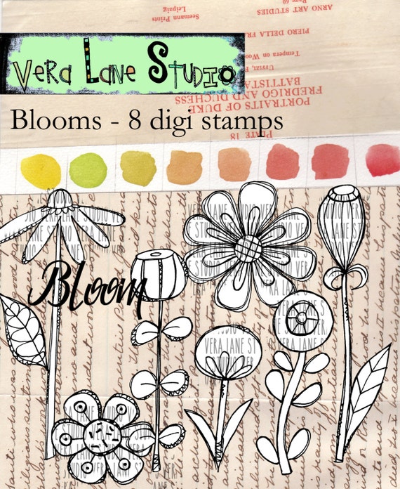 Blooms - 8 digi stamps/ whimsical flowers and buds