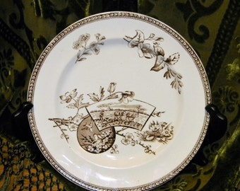 Brown & White Aesthetic Transferware Plate~ 8.5" Wileman "Seasons" Spring~English Staffordshire~ Mules Plow Birds Nest Cherry Blossoms