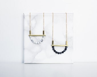 Long marble necklace - white howlite and brass / gray jasper and brass