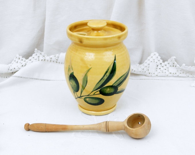 Vintage French Provencal Yellow Glazed Lidded Olive Pot with Serving Spoon / French Decor / Country Decor / Retro Home Interior Kitchenalia
