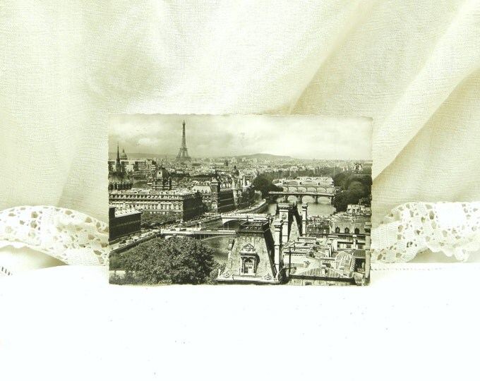 Mid Century French Black and White Postcard, Panoramic view of Paris and the Eiffel Tower / French Decor / Vintage Retro Home Interior