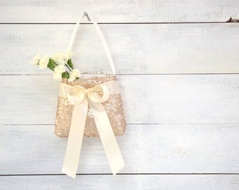 Flower Girl Basket - Champagne Sequin with Ivory Ribbon - Flower Girl Bag, Girls Purse, Champagne Flower Girl, Sequin Flower Girl Basket