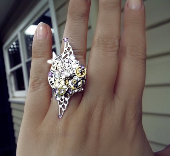 Steampunk ring, silver steampunk, boho ring, angel ring, magic ring, watch gear ring, crystal ring, filigree ring, steampunk fashion, OOAK by CindersJewelryDesign steampunk buy now online