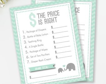 The Price Is Right, Baby Shower Game, Elephant Baby Shower, Gender Neutral Shower, Mint and Gray Elephant Shower, INSTANT DOWNLOAD, #E1