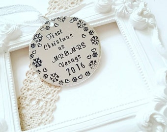 Our first Christmas ornament, Couples Christmas ornament, Handstamped personalized ornament, First Christmas as Mr and Mrs, Couples gift